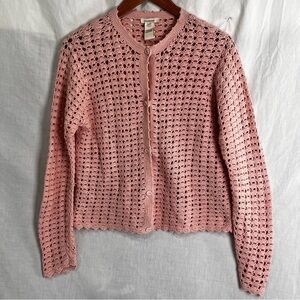 Sundance Spring Break Sweater Pink Open Knit Cotton Cardigan Lettuce Hem  Snap L
